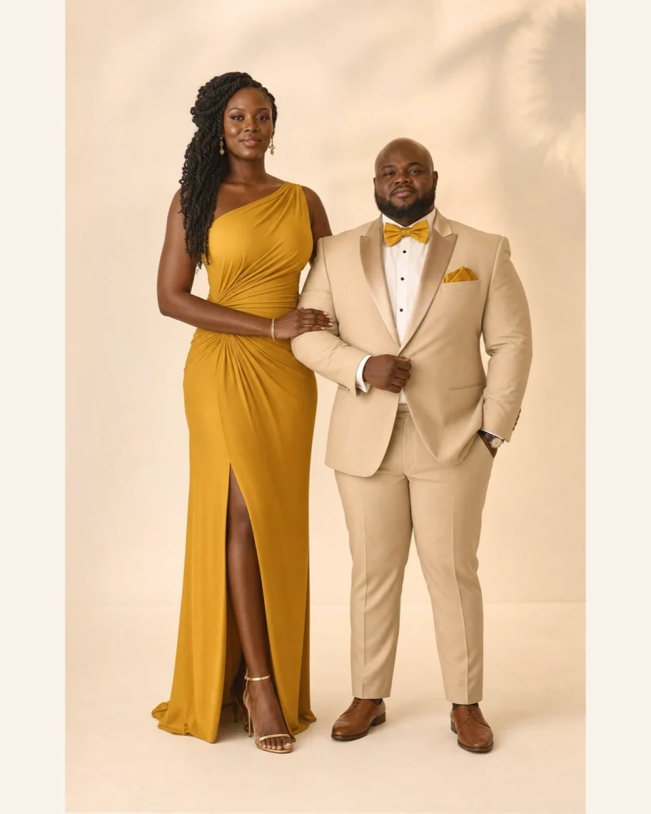 Inspiration de tenues femme et homme pour le thème Sable doré
